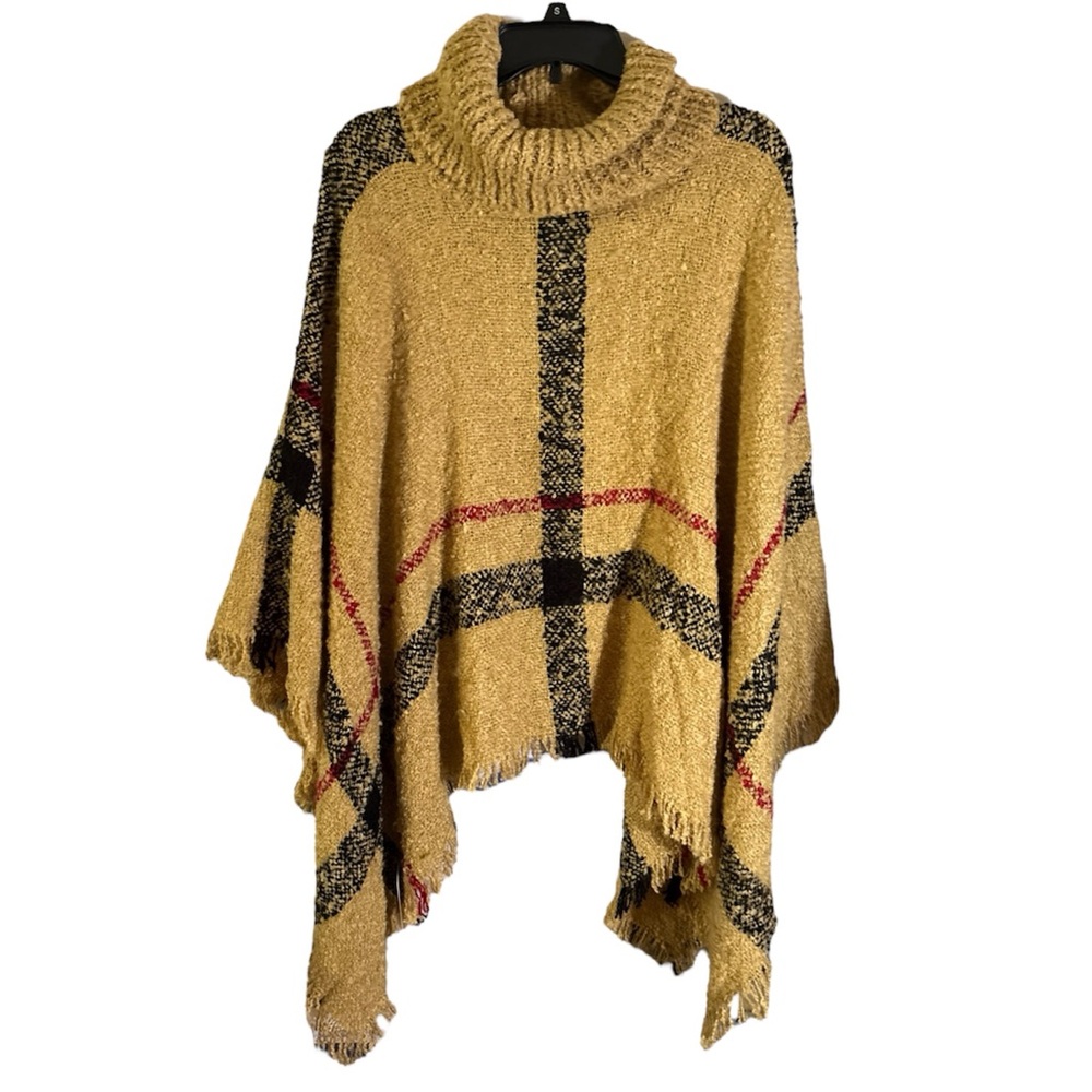 Tan Plaid Fringe Knit Poncho Sweater Pullover Turtleneck One Size NWT - Picture 2 of 9